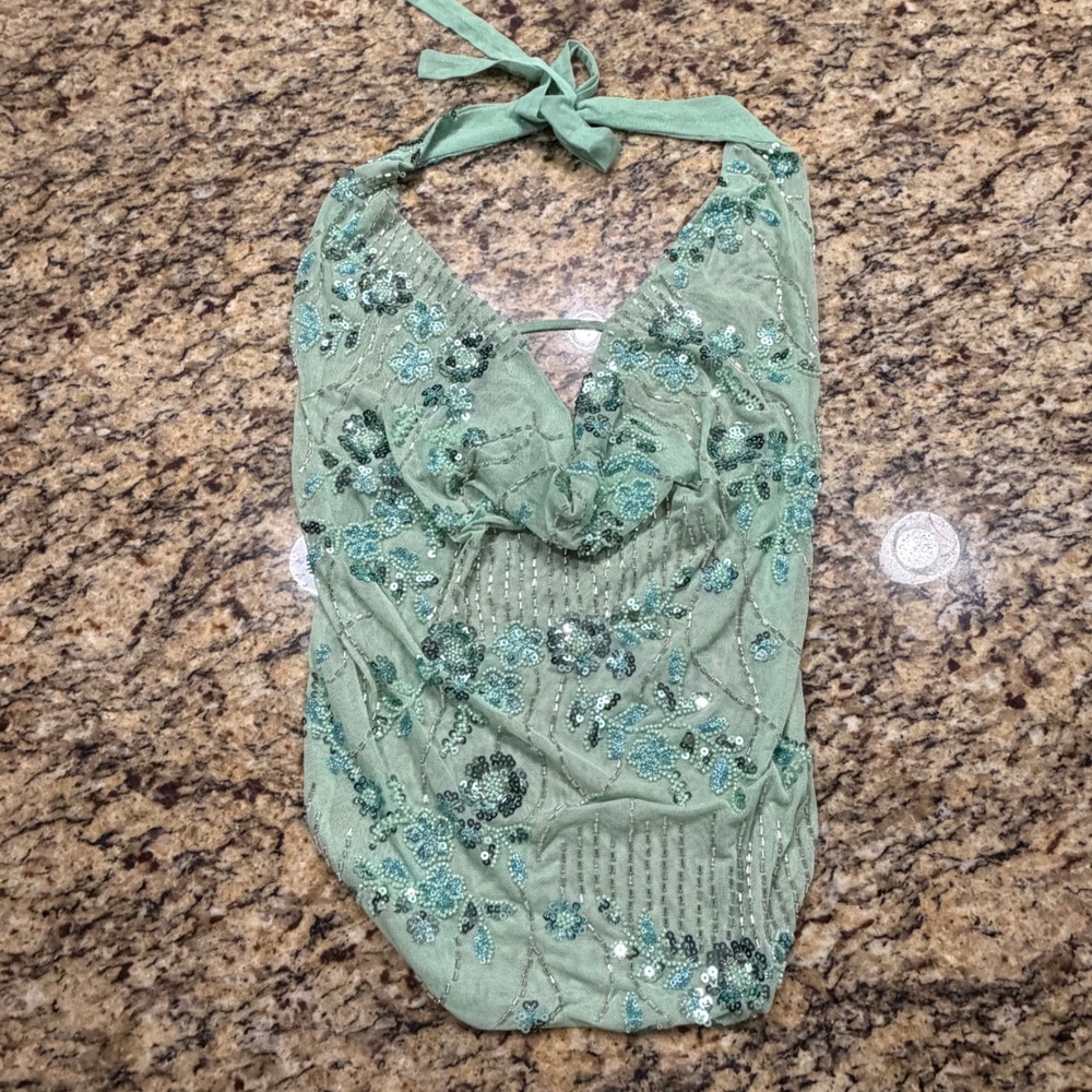 Mint Green Sequin Beaded Halter Top Cowl Neck Mesh Floral Party Blouse Large v